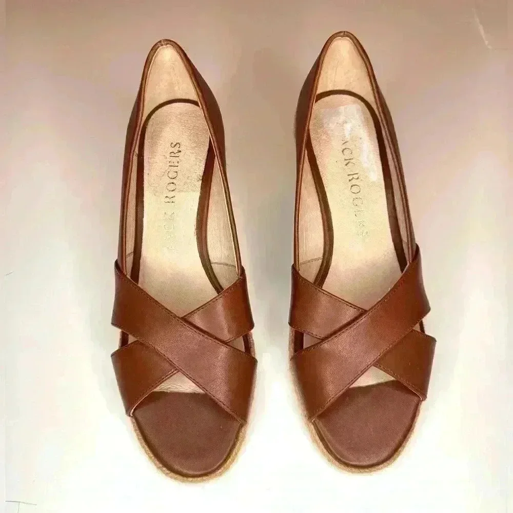 Jack Rogers Womens PALMER Crisscross Wedge Espadrille Heels Mocha Leather SZ-6